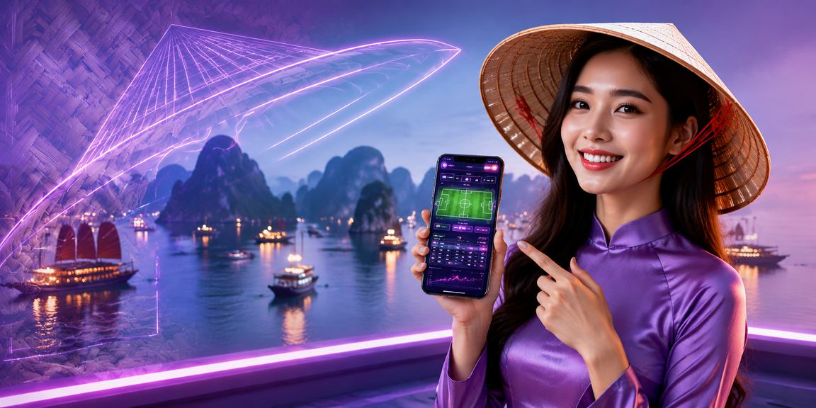 Người phụ nữ đội nón lá trải nghiệm casino di động bên vịnh Hạ Long